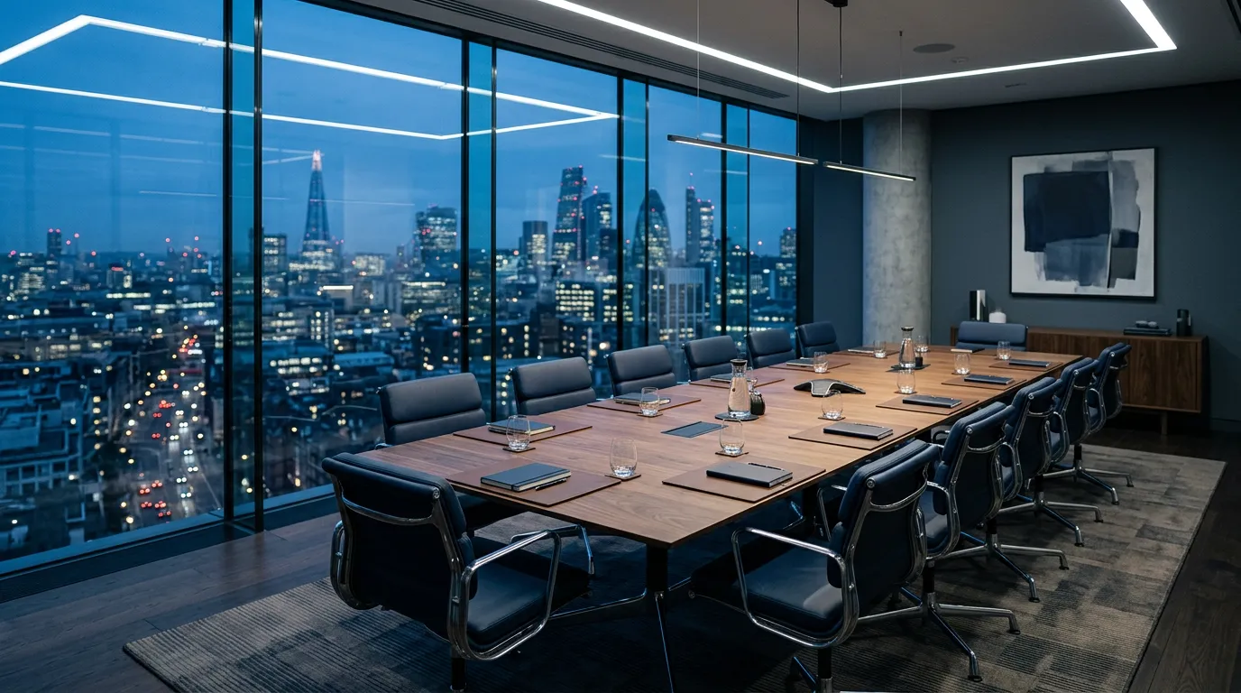Executive boardroom overlooking a city skyline at dusk