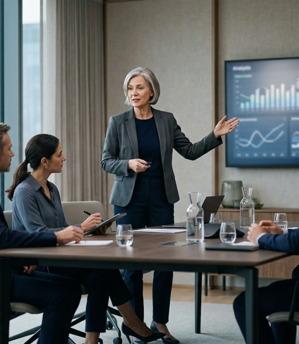 Senior consultant presenting to an executive team